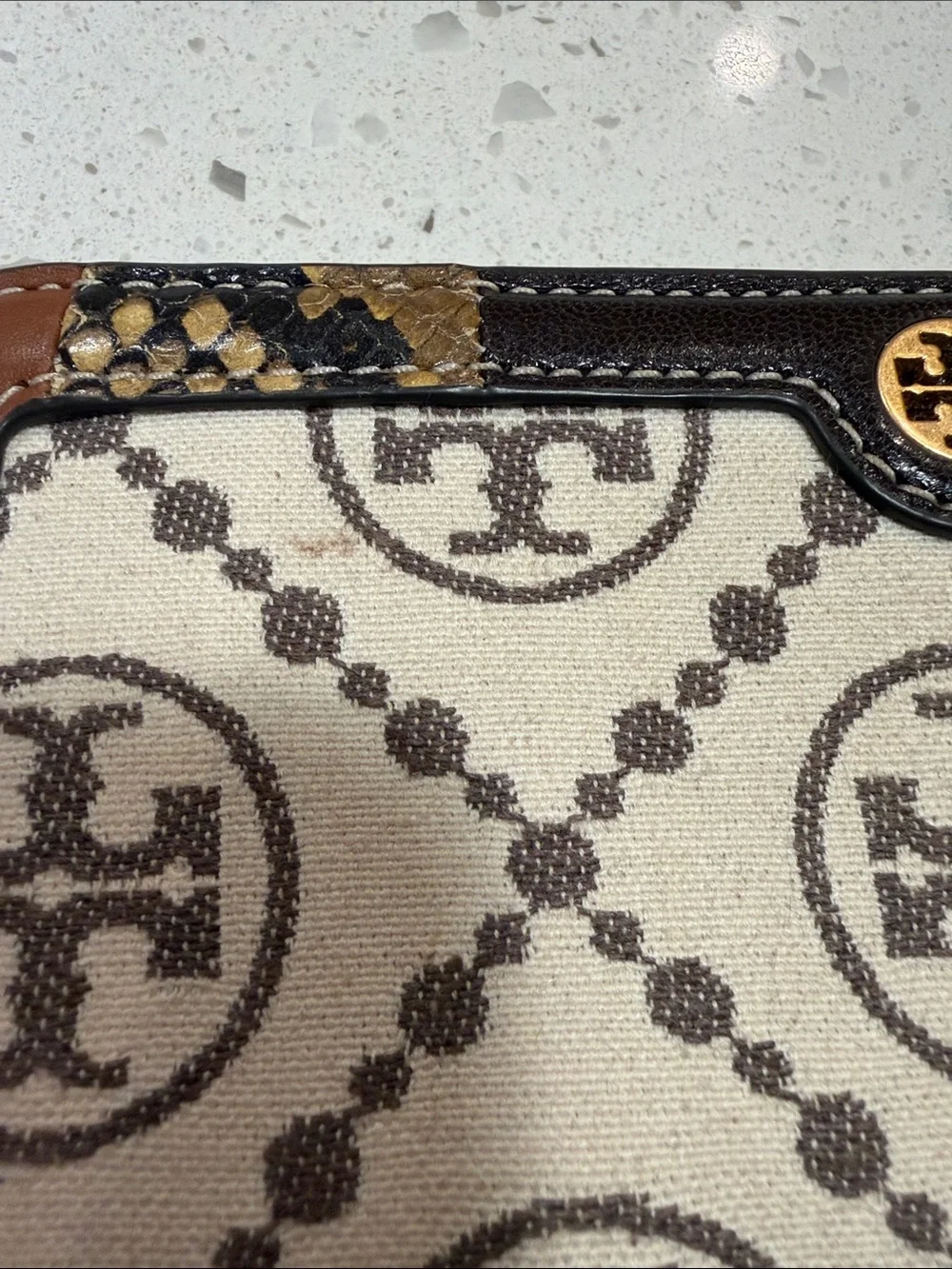 Tory Burch Monogram Beige Canvas Wallet with Brown and Mustard Trim
